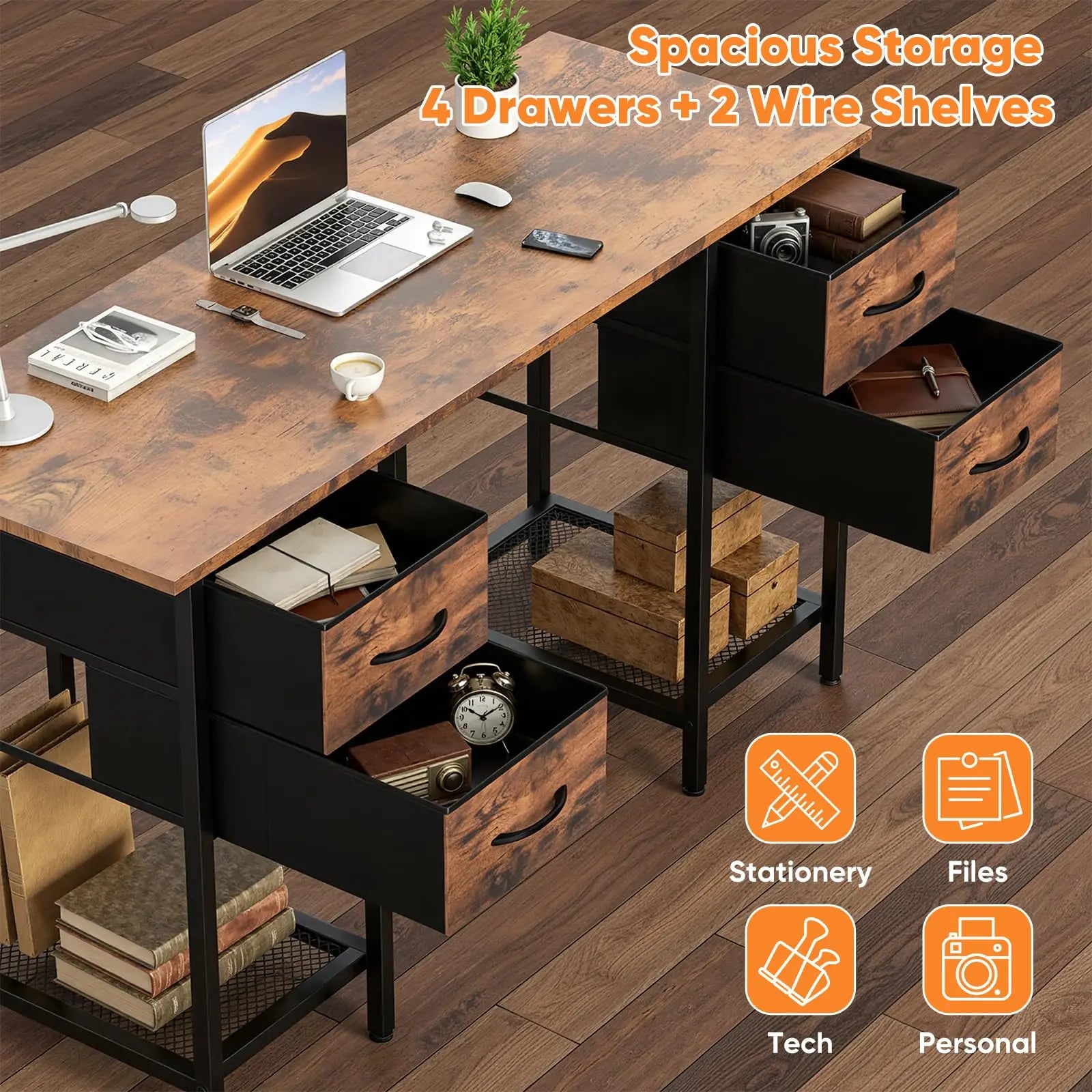 55 Inch Computer Desk with 4 Drawers and Mesh Shelf Storage