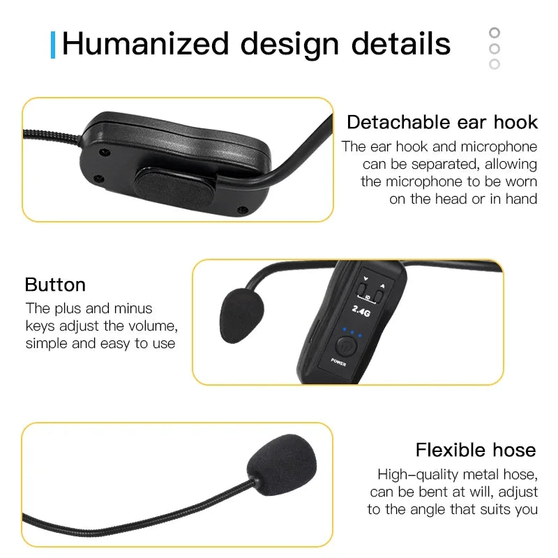 2.4G trådløs mikrofon til stemmeforstærker, headset med high fidelity, smart støjreduktion, plug and play, til karaokehøjttaler og mikrofon