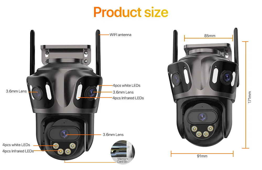 Three Screen WiFi IP Camera Outdoor 4K Dual Lens PTZ Security Camera