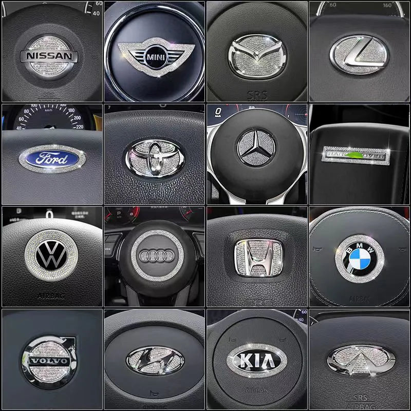 Car Bling Steering Wheel Logo Decal Sticker Interior Accessories Diamond Metal Emblem Fit for BMW Hyundai Toyota Honda Mercedes