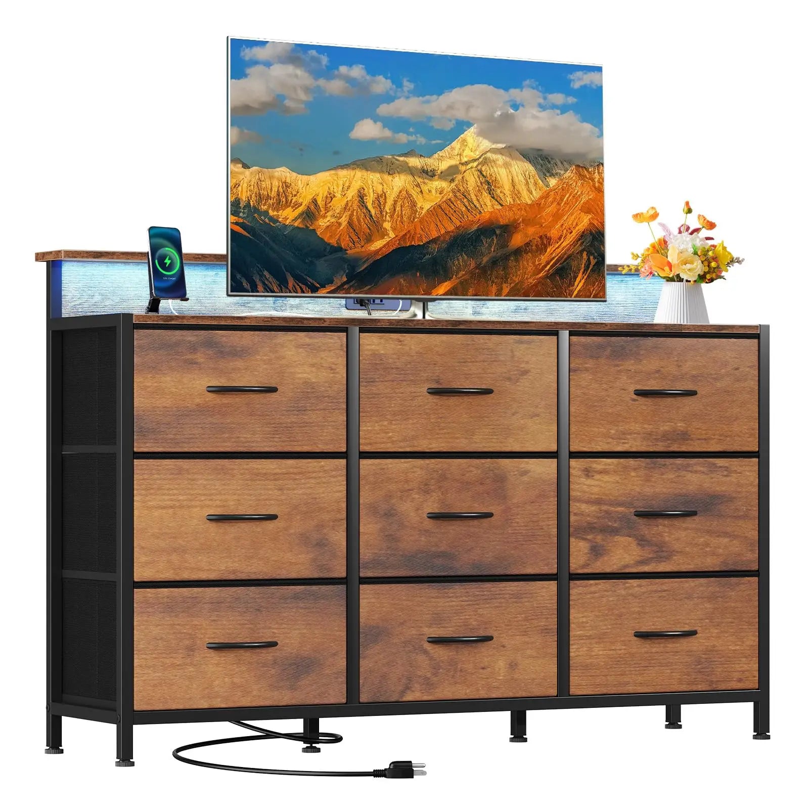 TV Stand Dresser with 9 Drawers, LED Lights & Charging Station