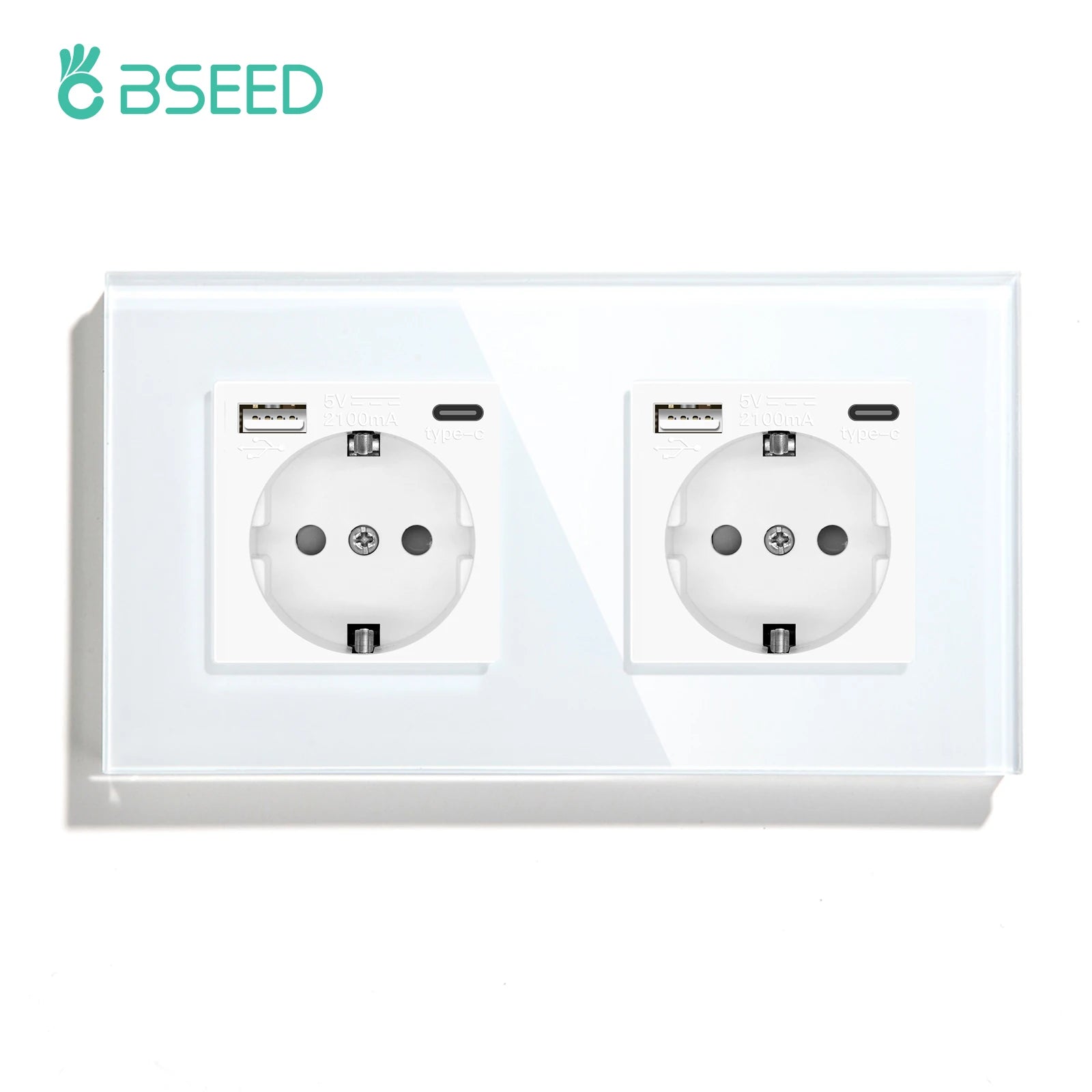 BSEED EU Standard Wall Electrical Sockets Type-C Outlets Wall Power Socket USB Charge Port Glass Panel Kids Protection 16A 