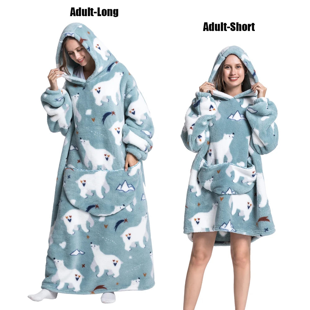 Women Plush Fleece Blanket Men Warm Thick Hoodies Adult Giant TV Blanlets with Sleeves Super Long Cold-proof Homewear Pajamas 