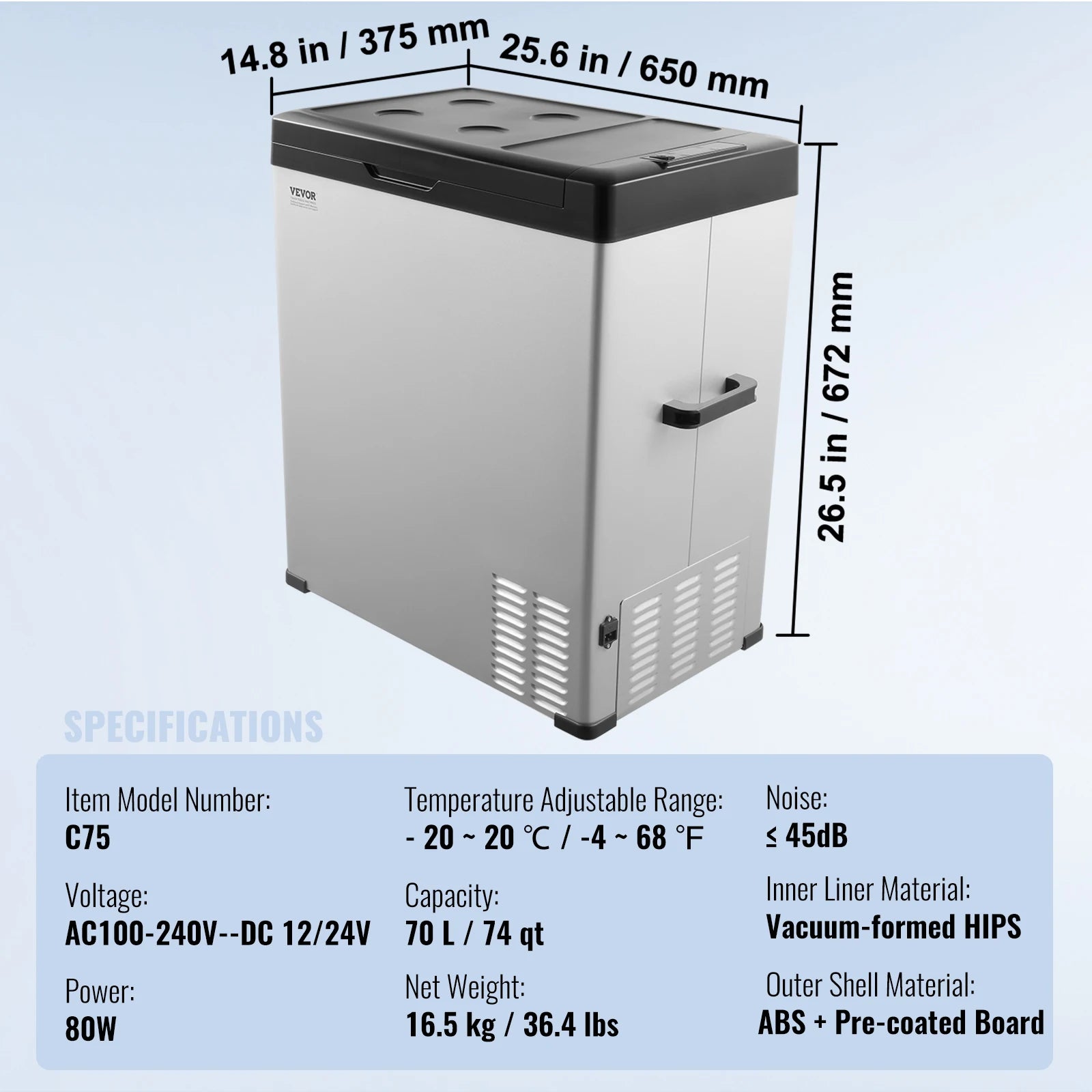 Portable 70L Car Refrigerator Freezer