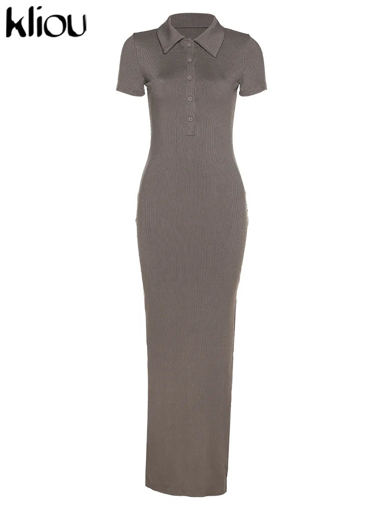 Kliou Elegant Office Lady Maxi Dress Women Solid Fashion Turn-down Collar Short Sleeve Button Side Slit Body-Shaping Street Robe 