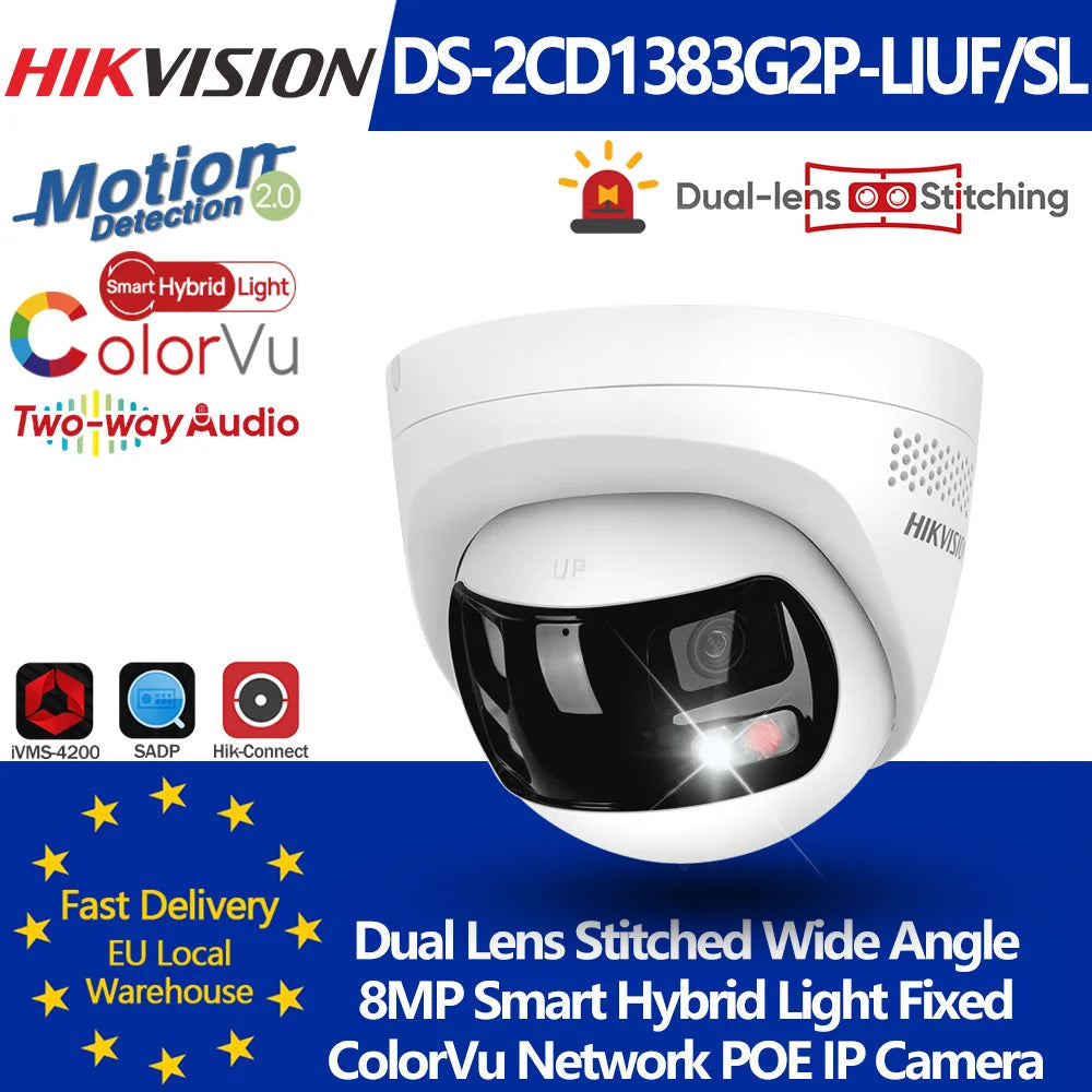 Hikvision DS-2CD1383G2P-LIUF/SL 8MP 4K Dual Lens Stitched 180° Wide Angle Smart Hybrid Light POE Network IP Camera MD 2.0 Audio 
