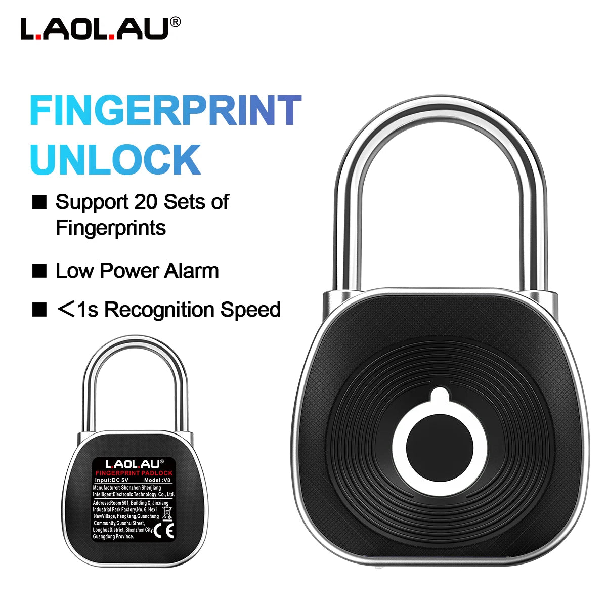 V8 Fingerprint Padlock, USB-C Rechargeable, 20-Print Memory