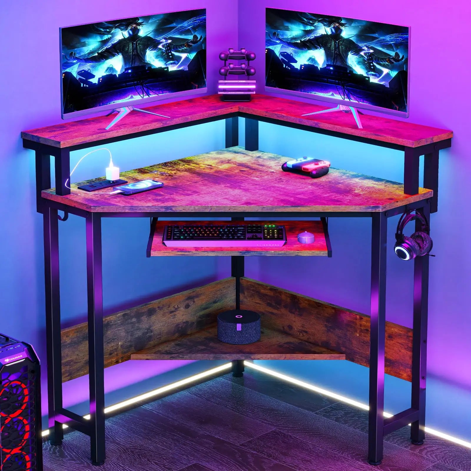 Corner Desk with LED Lights & Power Outlets for Small Spaces