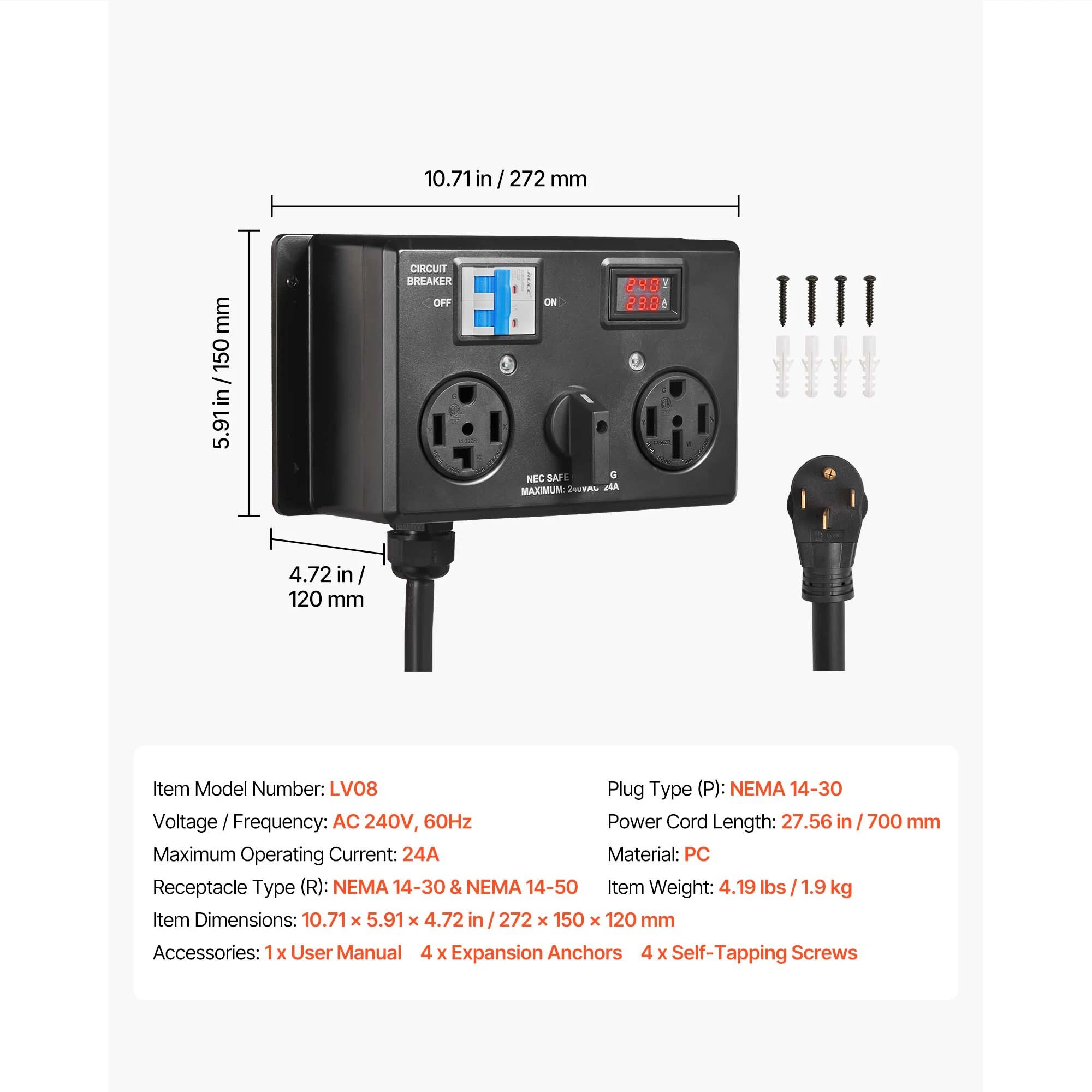 Manueller EV-Ladesteckdosen-Splitter 240V 24A für Trockner & Elektrofahrzeug