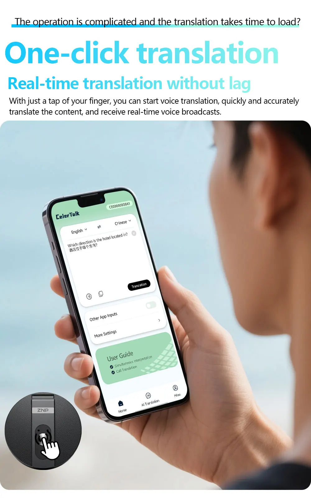 ZNP Ultra-thin AI Voice Translator Instant Professional Portable Wireless Magnetic Foldable Phone Stand 50Hrs Playback ForOffice