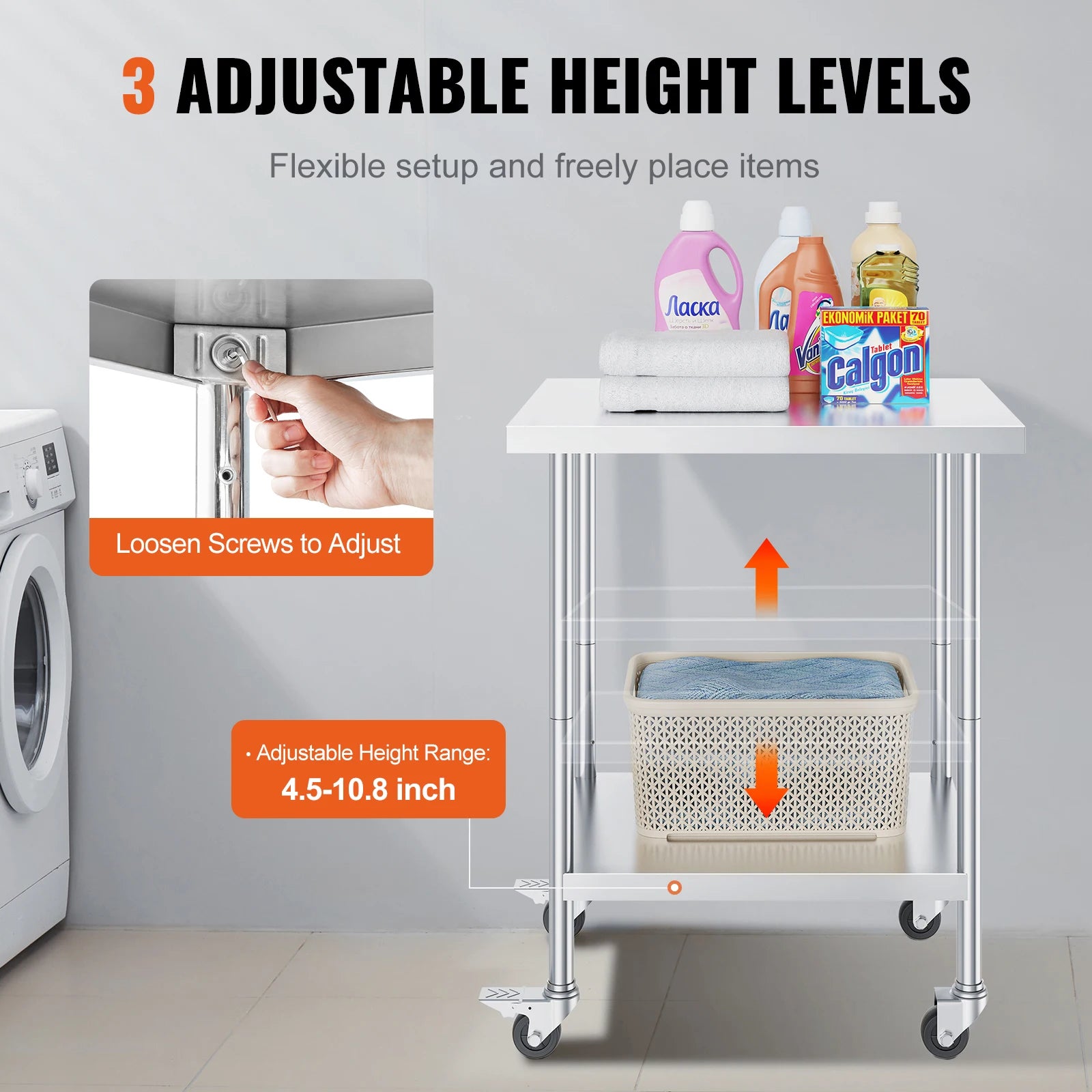 Stainless Steel Work Table with Wheels & Adjustable Shelves