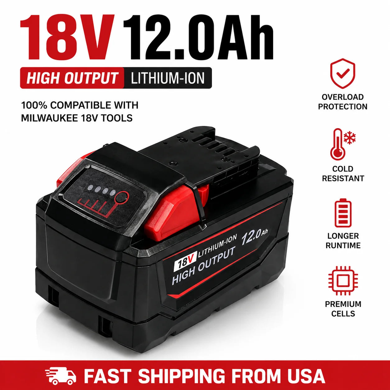18V 12000mAh Li-ion Replacement Battery Pack for Cordless Tools