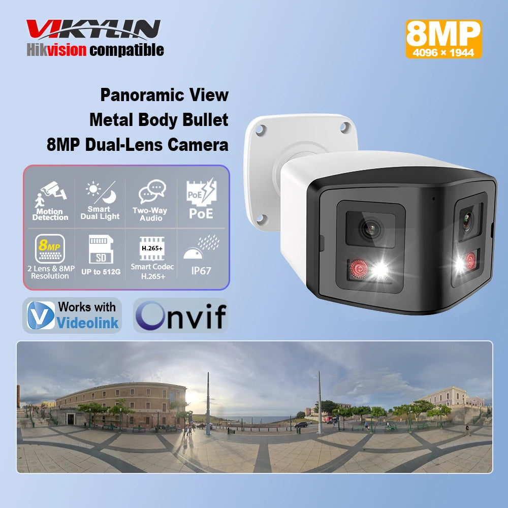 VIKYLIN Hikvision Compatible 4MP Dual Lens IP Camera 180 Panoramic POE Security IP Camera Two-Way Audio Video Surveillance CCTV 