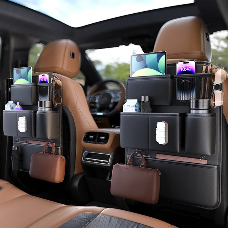 SEAMETAL 6-Pocket Car Seat Back Organizer Premium Pu Durable Car Back Seat Storage Bag Wear-Resistant Waterproof Anti-Kick Pad