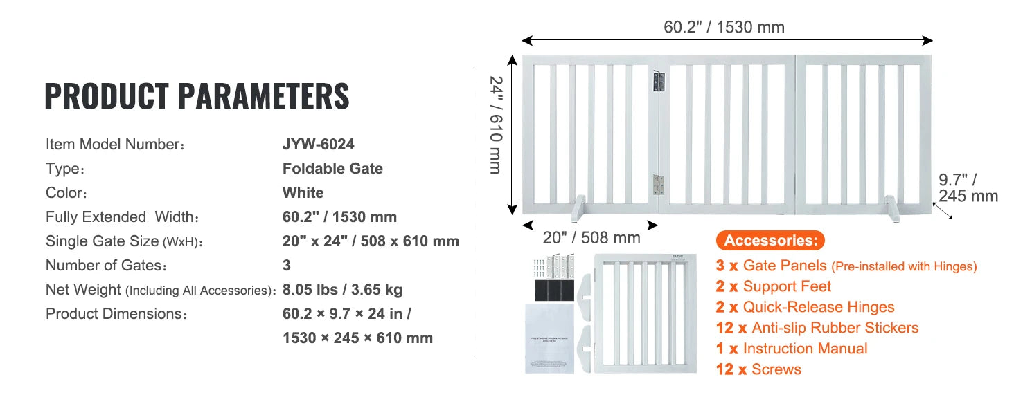 Freestanding Foldable Dog Gate 3 Panel Wood Pet Barrier 60"