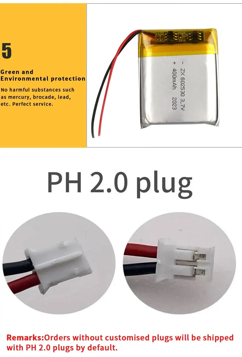 602530 3.7 V 400 mAh oppladbart LiPo-batteri