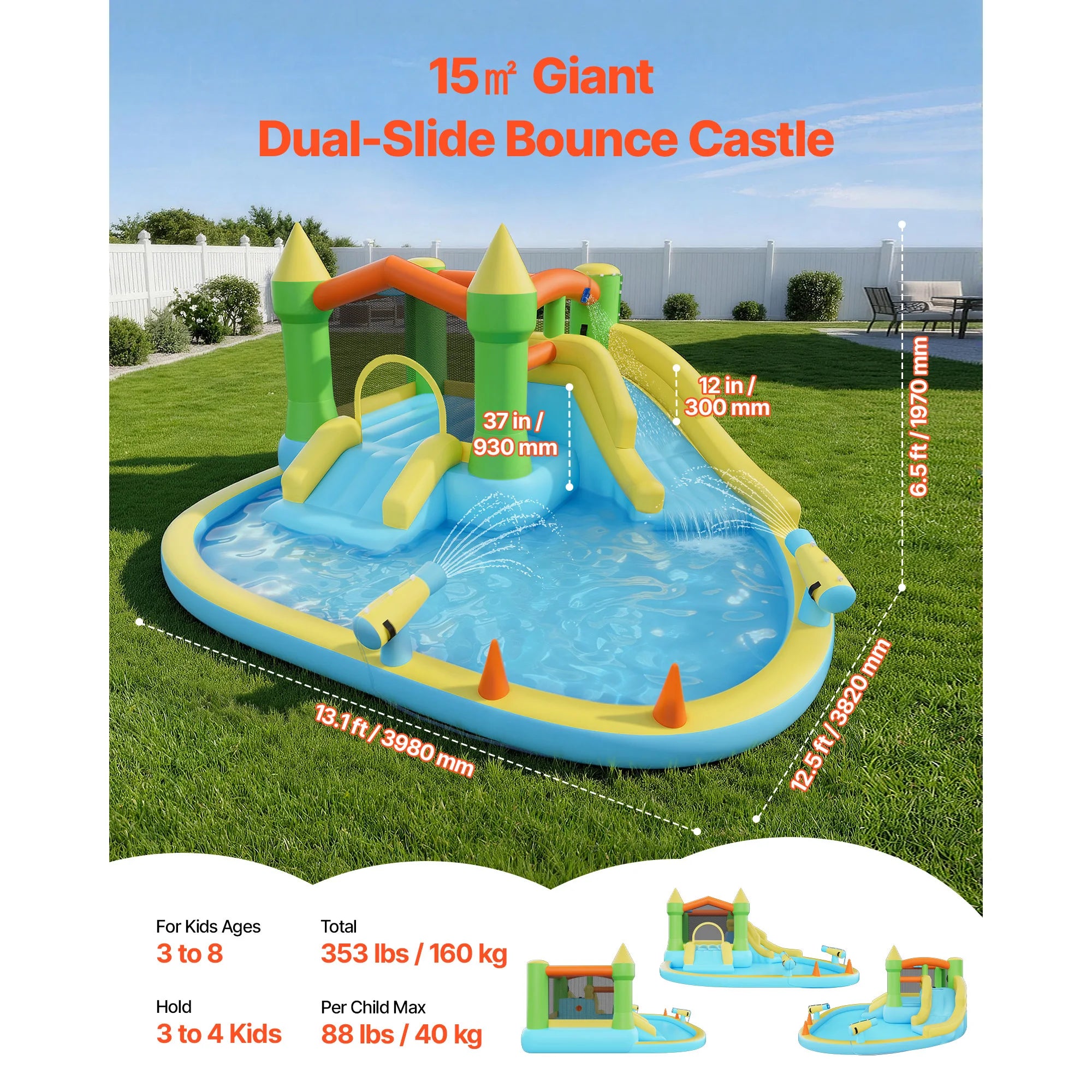 Castello Gonfiabile con Scivolo d'Acqua, Piscina con Spruzzi e Giochi