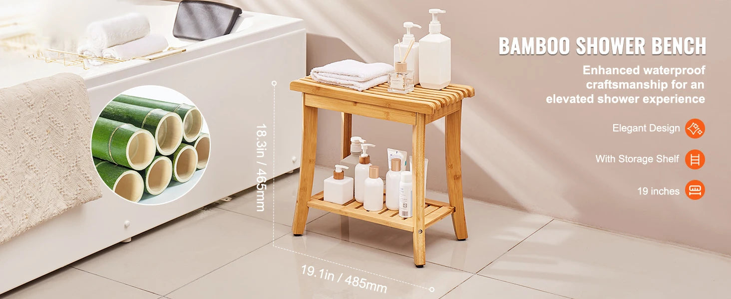 Bamboo Shower Bench with Storage Shelf 330lb Capacity Stool