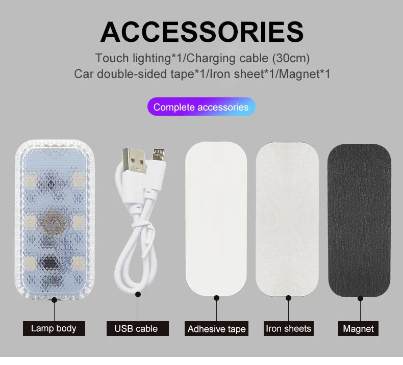 LED Touch Light Mini Wireless Car Interior Lighting Auto Roof Ceiling Reading Lamp for Trunk Storage Box USB Charging 