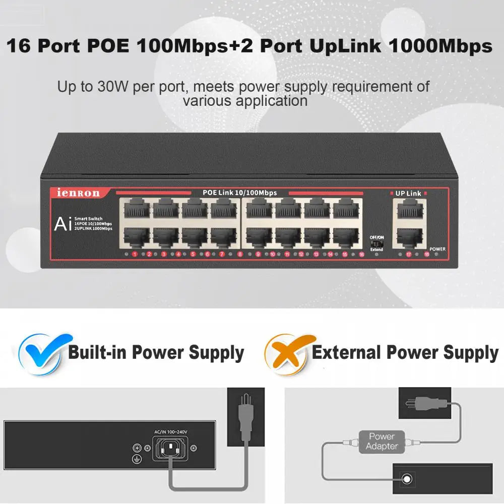 POE Switch 16 Port 100mbps Ethernet Network Switch ieee 802.3 af/at for IP Camera /CCTV Security Camera System Switch with Vlan 