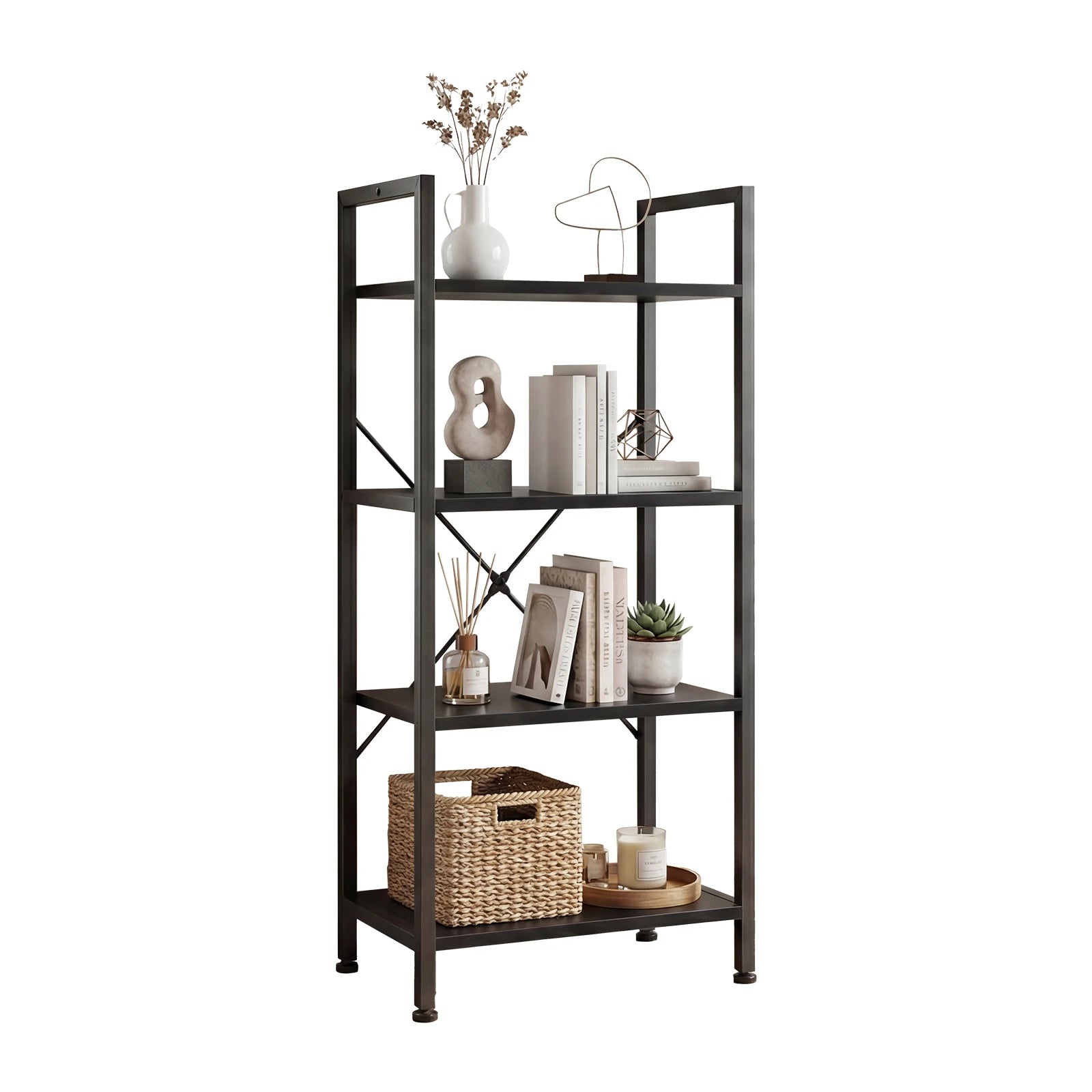 4 Tier Wooden Display Bookshelf with Metal Frame Storage Shelf