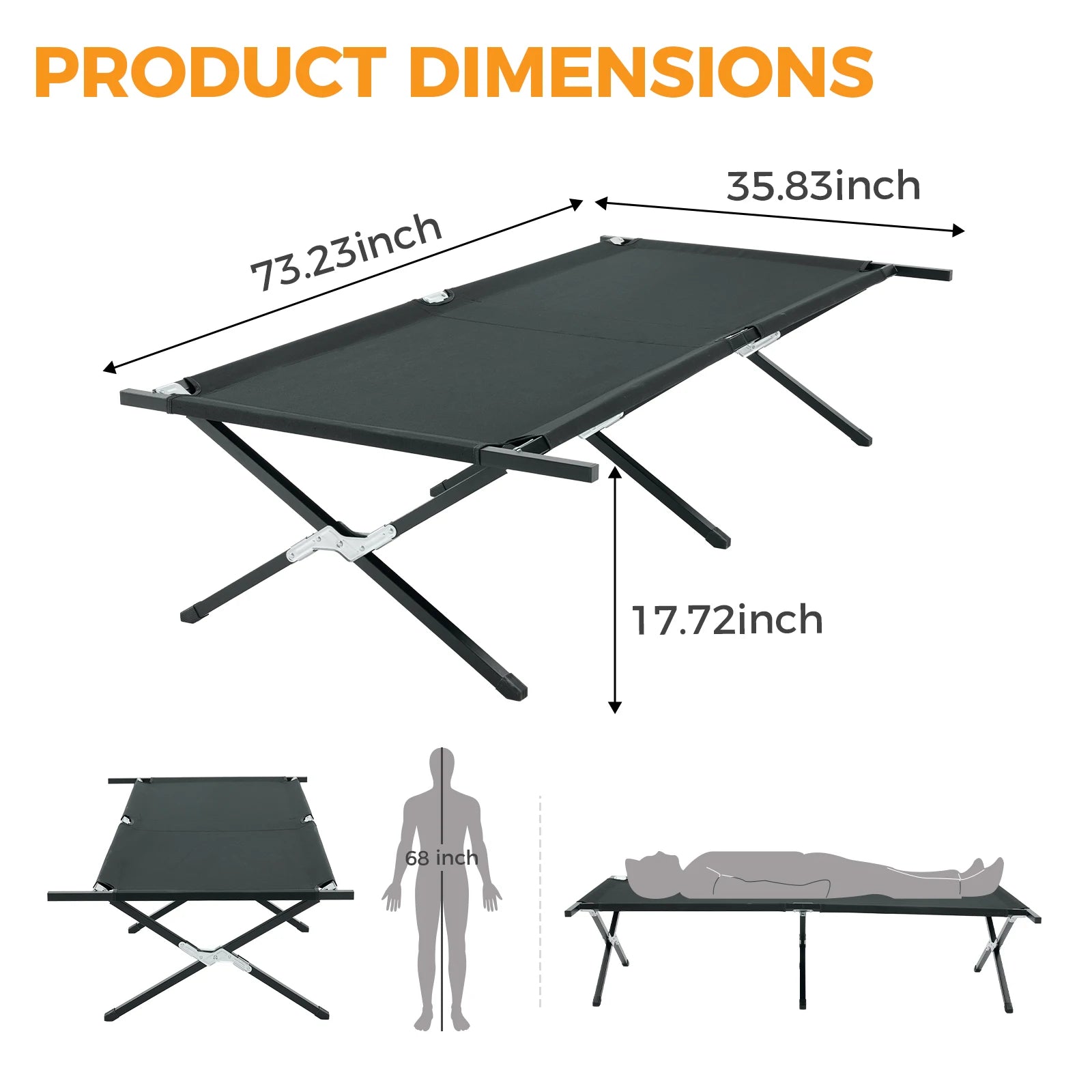 Collapsible Camping Cot 73" x 36" Folding Outdoor Lounger Bed