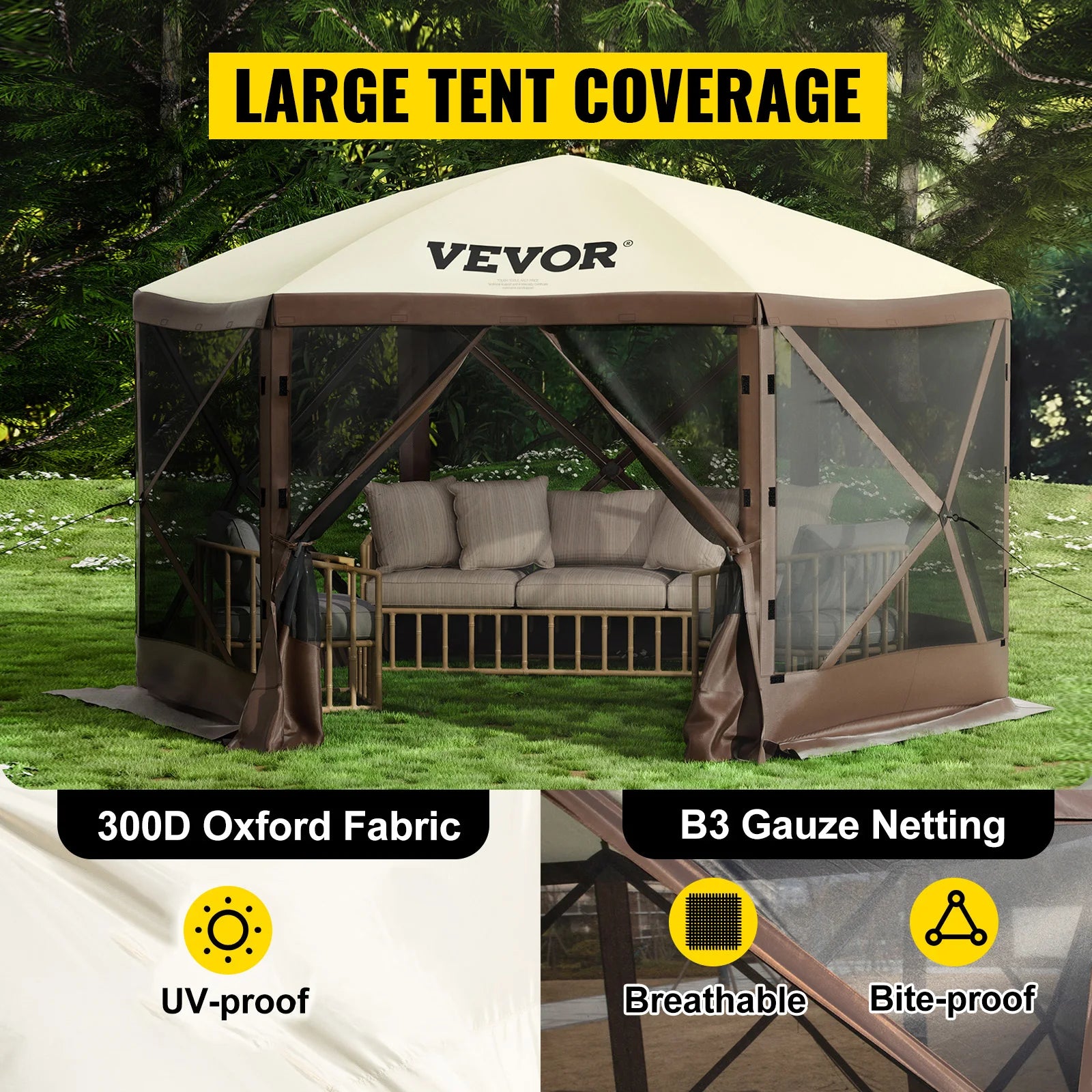 Tente de camping pop-up hexagonale avec moustiquaire et panneaux coupe-vent