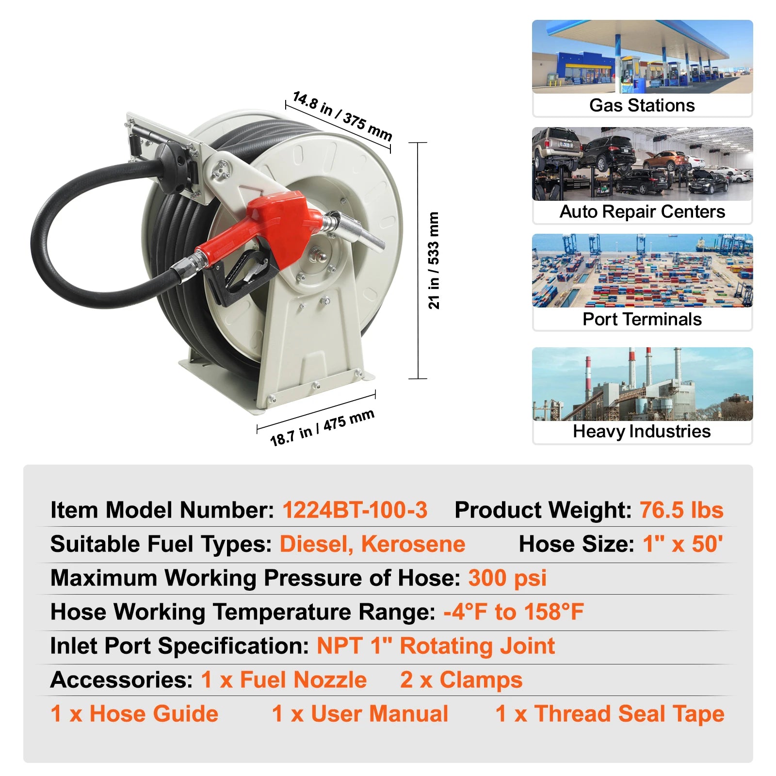 Retractable Fuel Hose Reel with Auto Rewind, 33–66ft Options