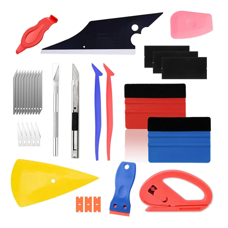 Car Film Wrapping Tool Kit Window Tinting Tools Vinyl Wrap Felt Squeegee Wrap Stick Vinyl Cutter Utility Knife Plastic Scraper