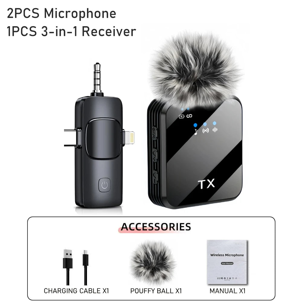 3in1 Wireless Lavalier Microphone for Camera,iPhone,Android,Microphone for Video Recording Recording Podcast Noise Reduction mic 