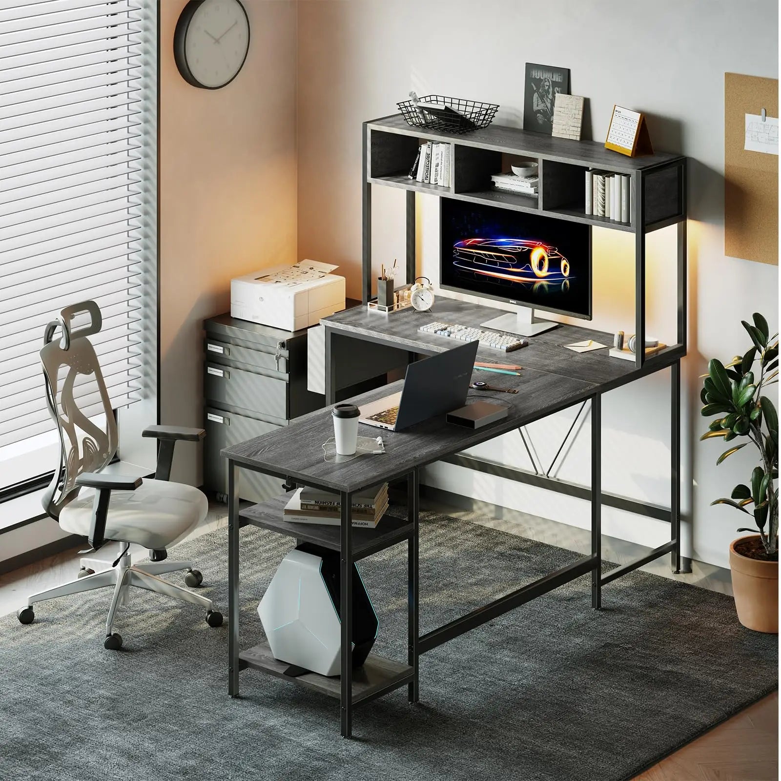 67" L-Shaped Gaming Desk with LED Lights & Keyboard Tray