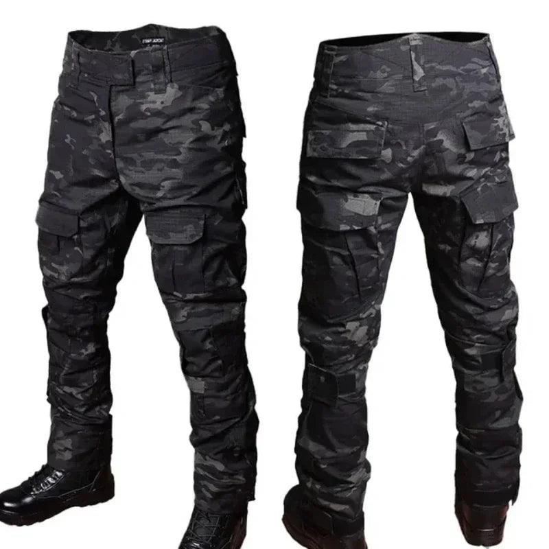 Black Camo Training Sets 1/4 Zipper Combat Tops Tactical Suits Hiking Pants Men Durable Shirts Multiple Pockets Wear-resisting