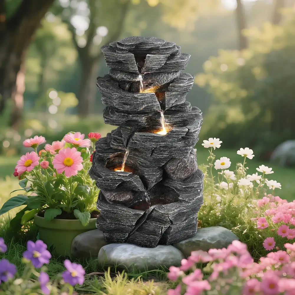 Cascading Rock Water Fountain with Warm LED Light