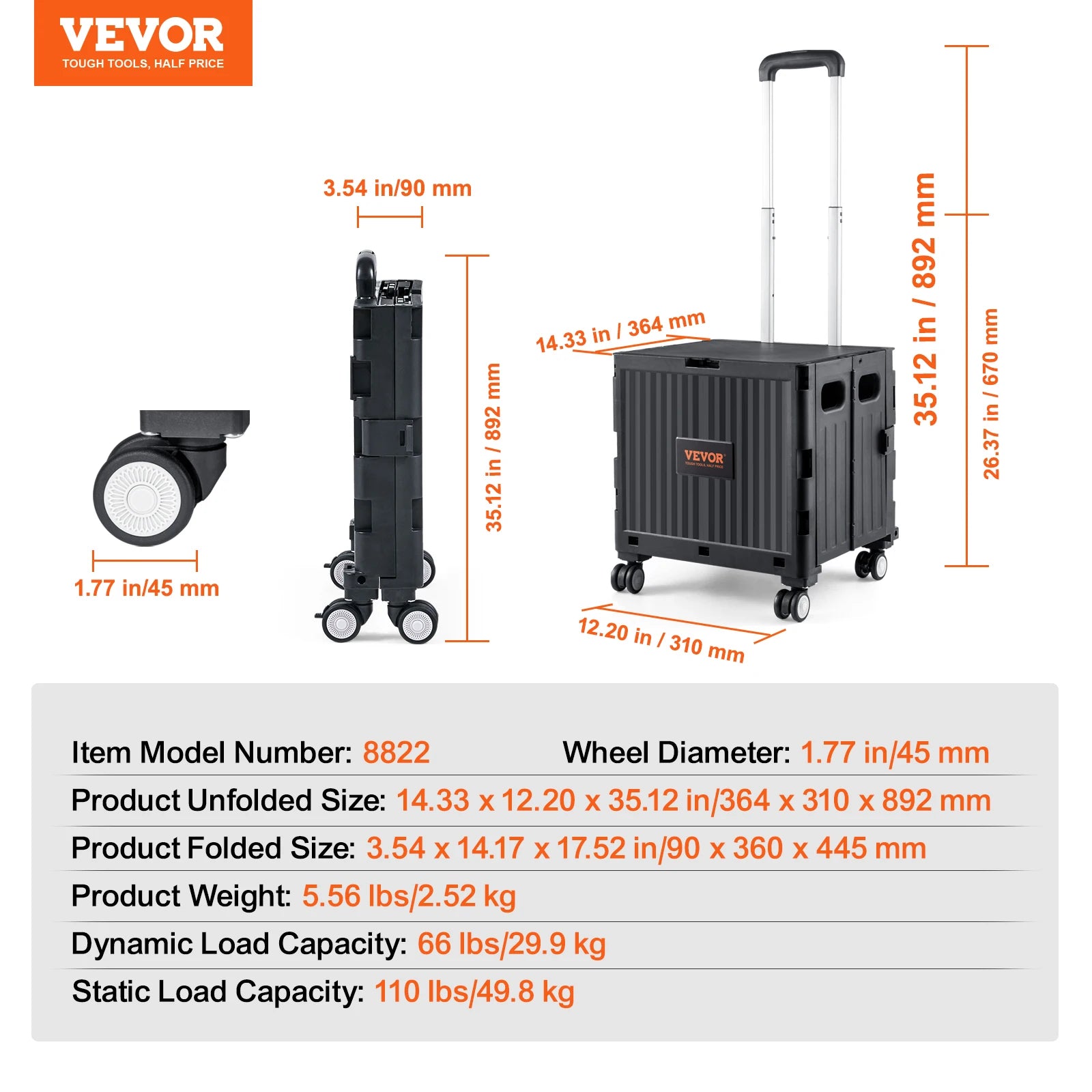 Foldable Utility Shopping Cart with Wheels & Telescopic Handle