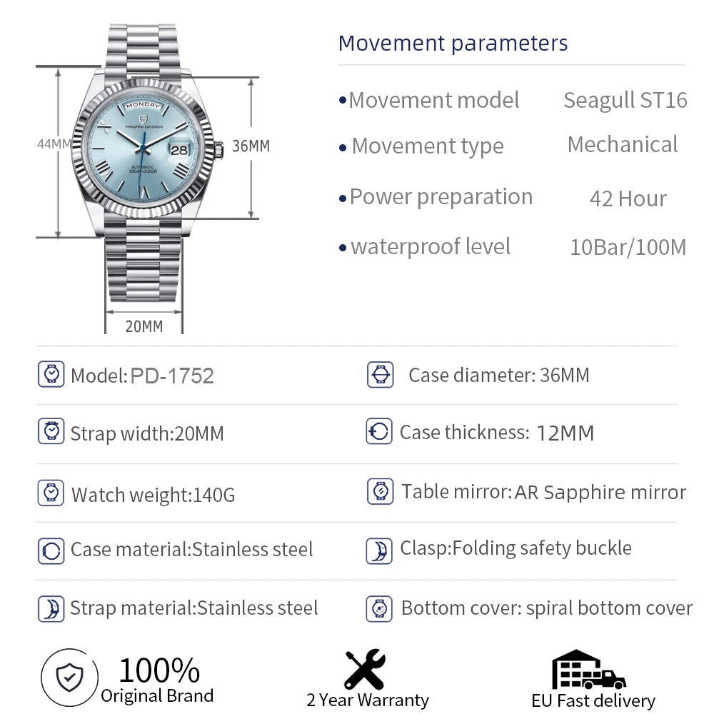 Pagani Design 36mm Automatic Watch Sapphire Steel 10Bar