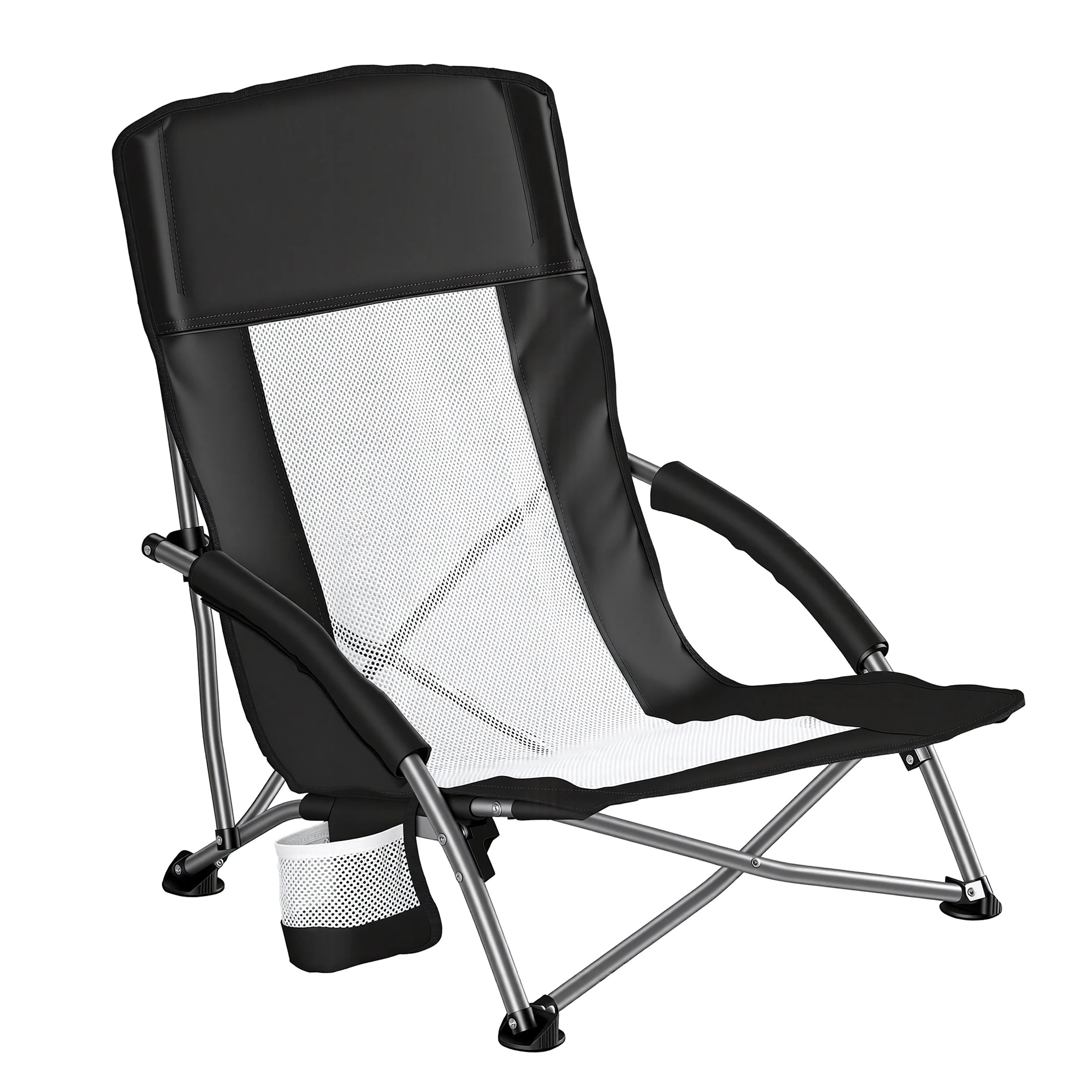 Low Folding Beach Chair with Mesh Back, Cup Holder & Armrests