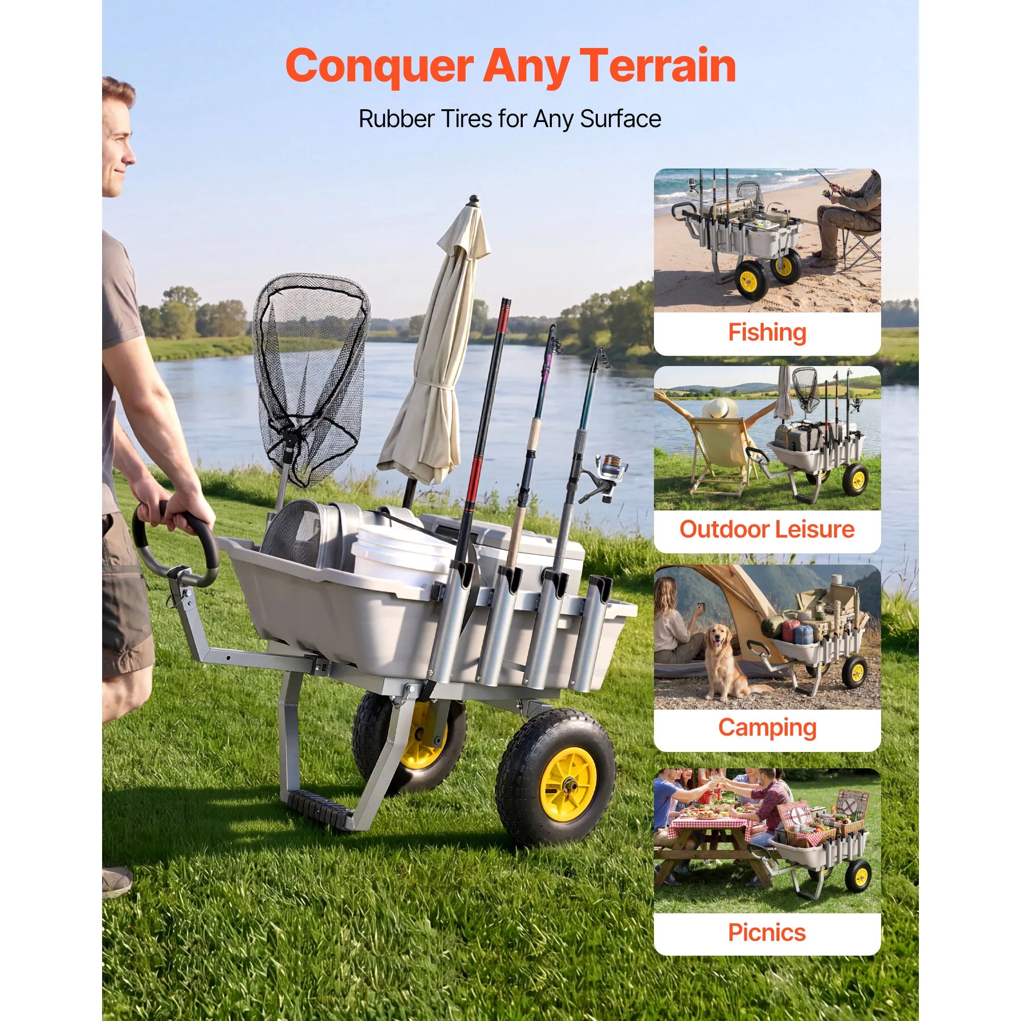 SucceBuy 200 lbs Foldable Beach Fishing Cart with Aluminum Alloy Frame 13in Tires & 8 Rod Holders for Outdoor Camping Picnic