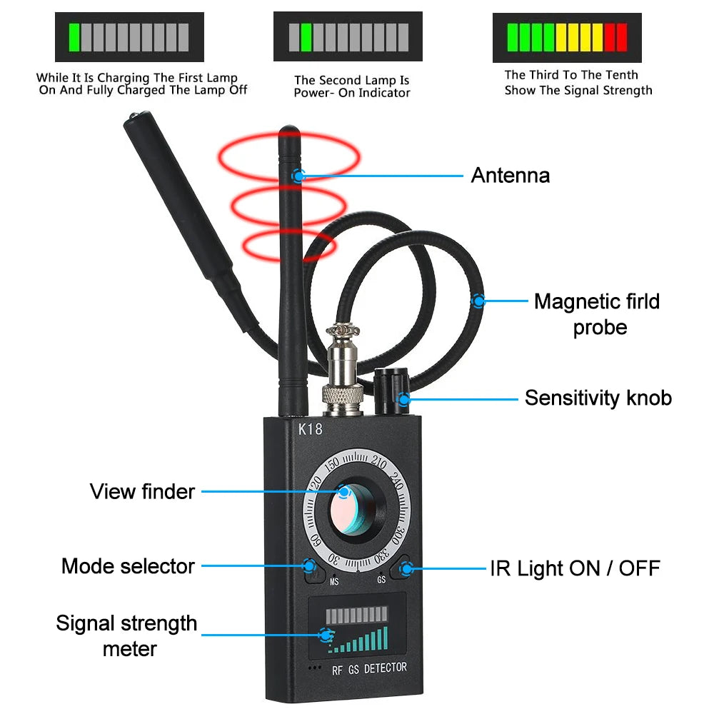 K18 Multi-function Anti-Candid Camera Wireless Lens Device Finder 1MHz-6.5GHz GSM Audio Bug GPS Signal RF Spy Tracker Detect