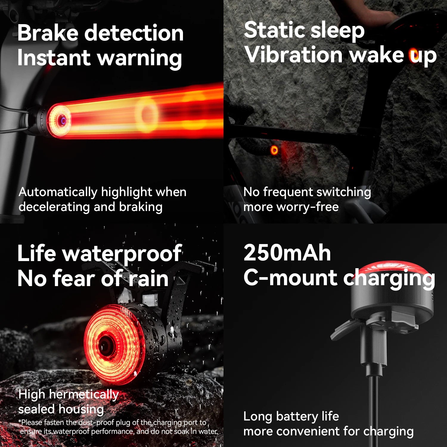 ROCKBROS Smart Bike Tail Light with Brake Sensing & Solar Power