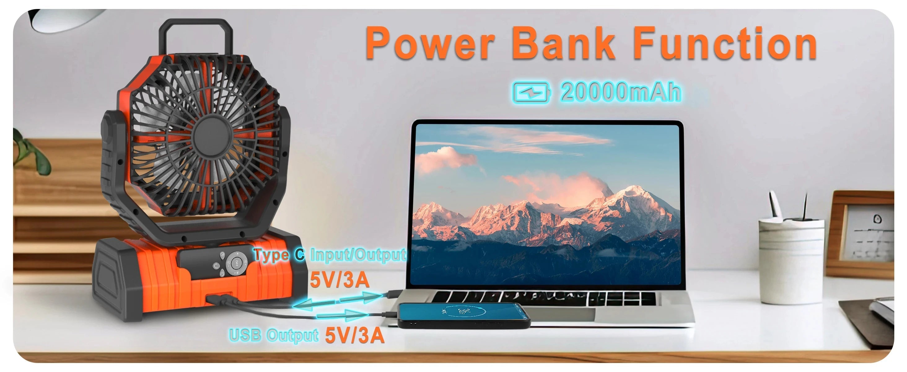 20000mAh High-Capacity Battery LED Light Camping Fan Movable Wireless Air Circulators Outdoor Ventilador with Hook 