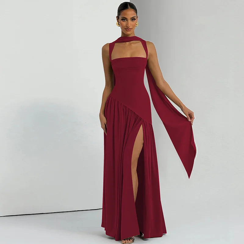 Elegant Sleeveless High Waist Slit Dress with Belted Sash