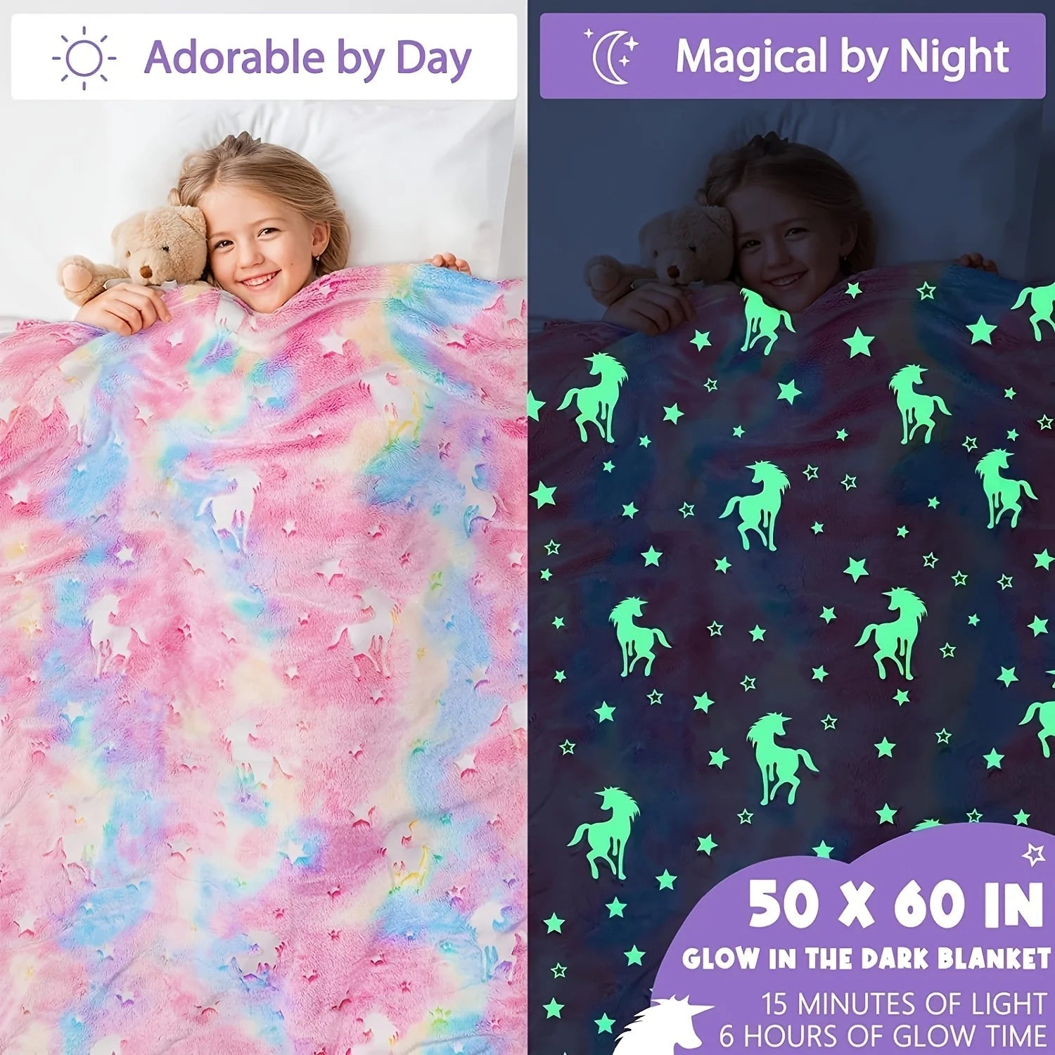 1pc Glow in The Dark Unicorn Blanket for Girls – Soft Pink Fleece Throw. Great Christmas, Birthday, Baby, Toddler Unicorn Gifts! 