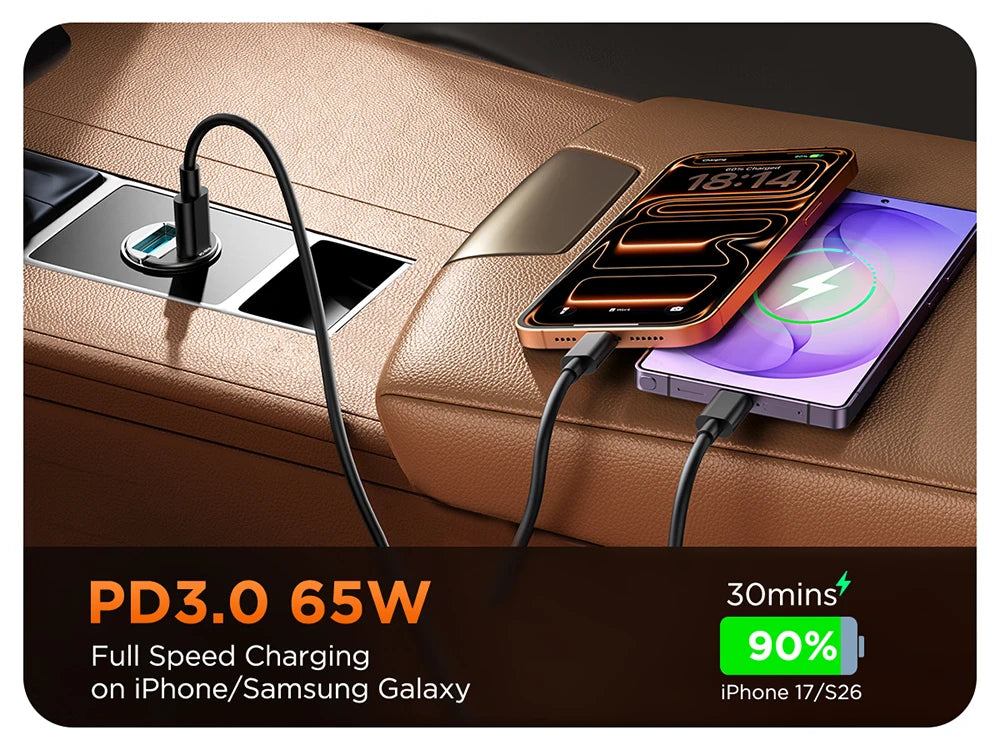 Joyroom 125W Pull Ring Car Charger USB Type-C Dual Fast Ports Fast Charging Mini Car Phone Charger Adapter Car Accessories PD QC