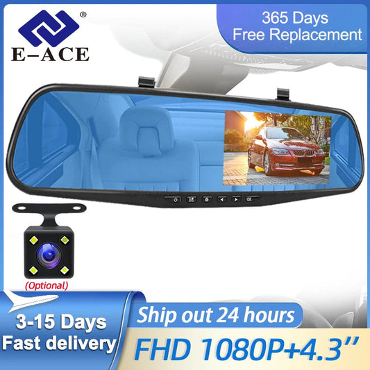 E-ACE 4.3 Inch Dashcam Car Dvr Mirror FHD 1080P Camera Optional Dual Lens DVR  Rearview Mirror Dash Camera Car Video Recorder Spy-shop.com