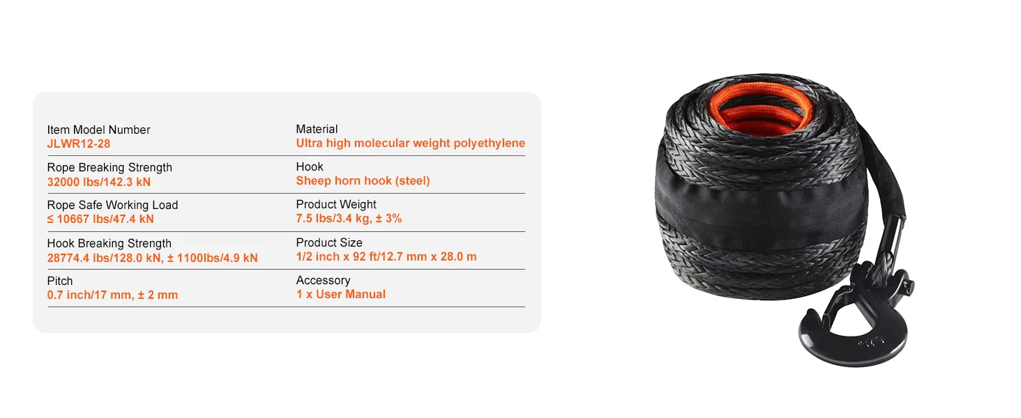Syntetisk spilwire 26500–32000 lbs med krog til lastbil ATV
