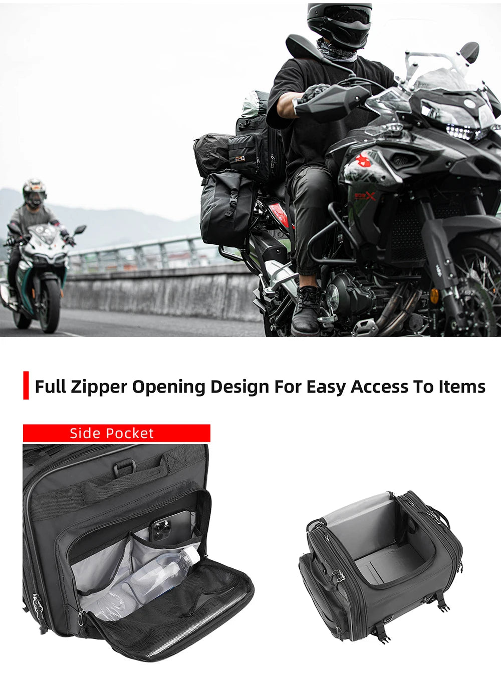 Motorcycle Tail Bag Expandable Luggage 19L–80L Rack Trunk Storage