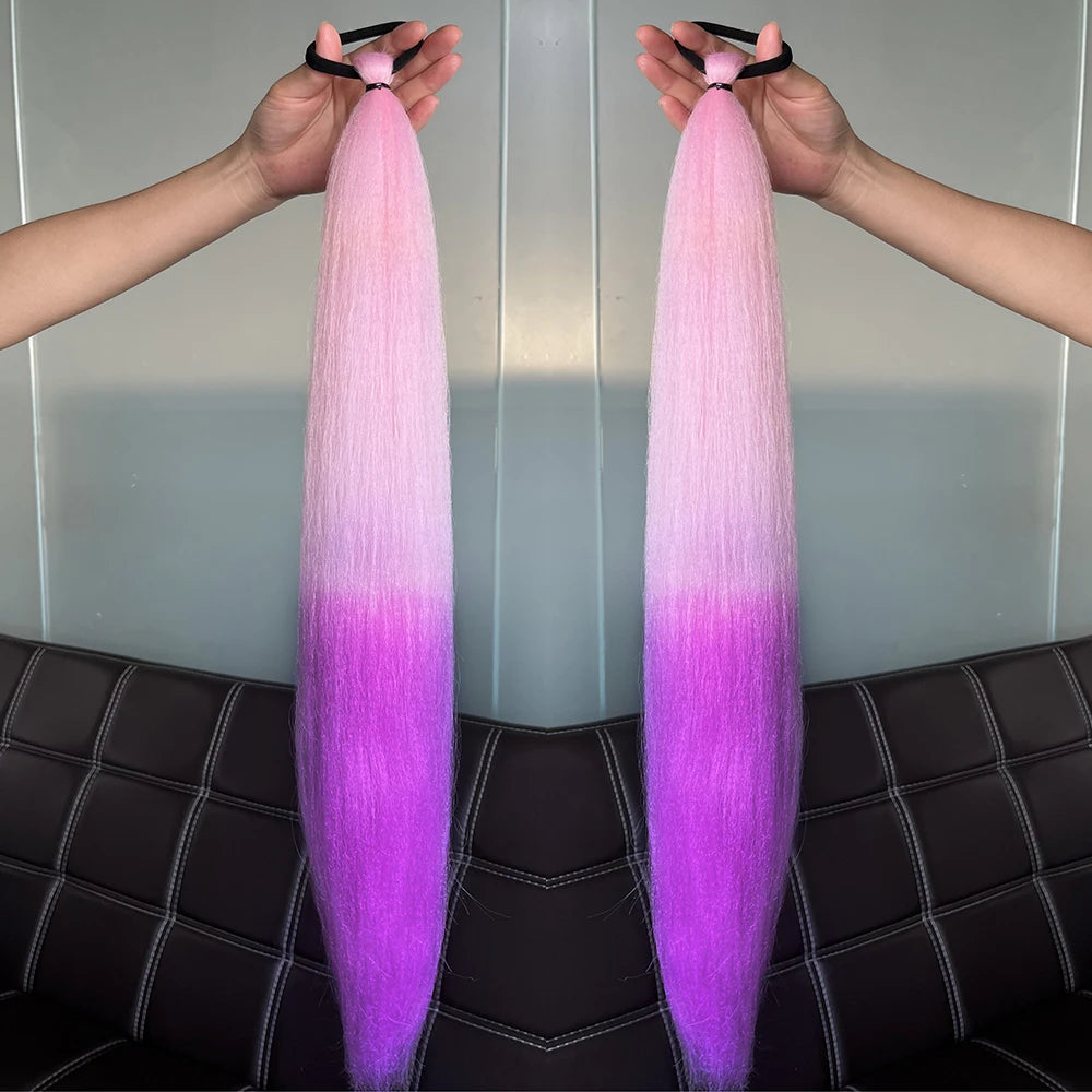 Synthetic Colorful Ponytail Extension 2Pcs Long Straight DIY Braided Pony Tail Hairpiece with Rubber Band Women Hair Accessories 