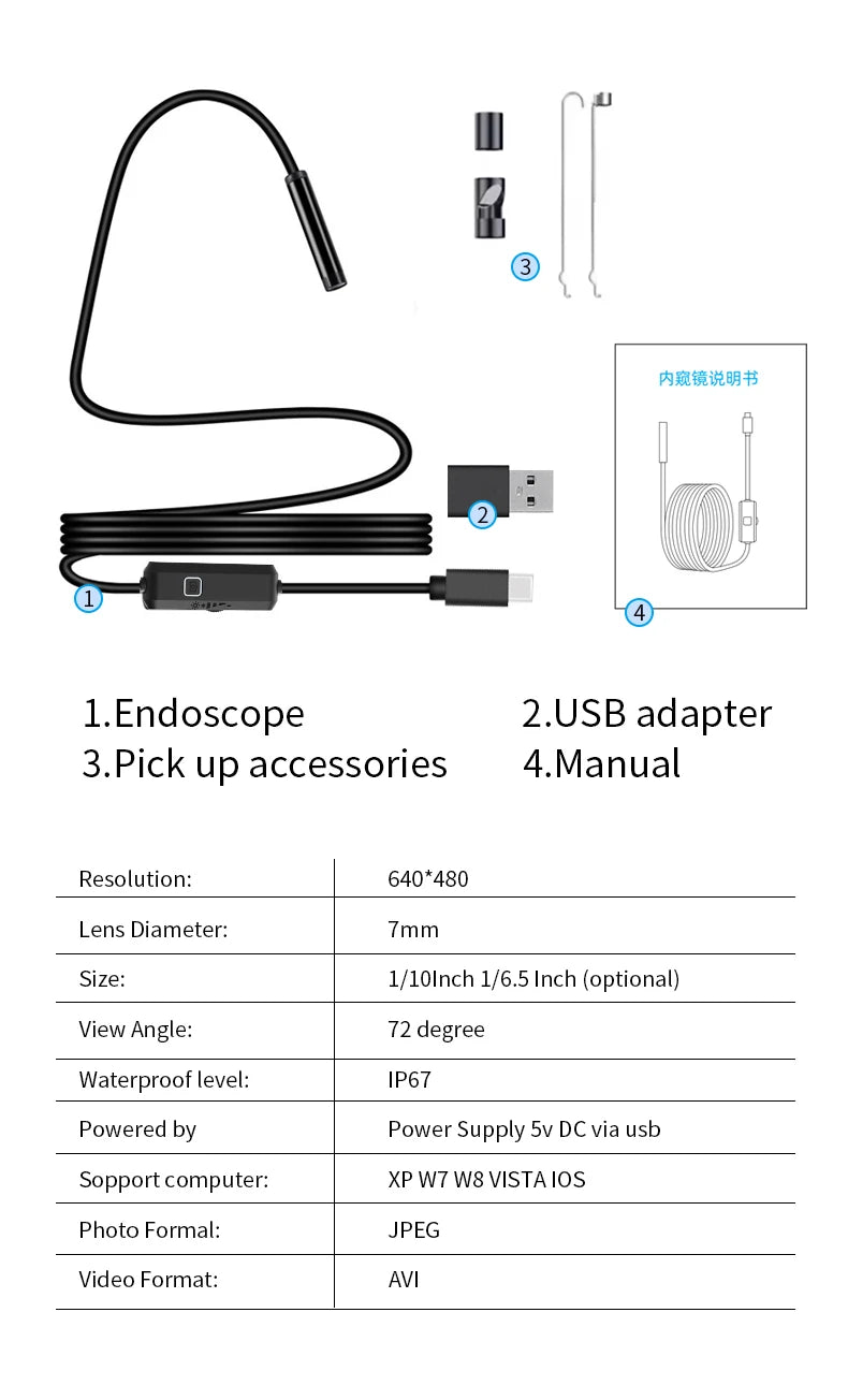 Caméra endoscope Android Type-C 7MM étanche IP67 à 6 LED, bore scope miniature avec 6 DEL