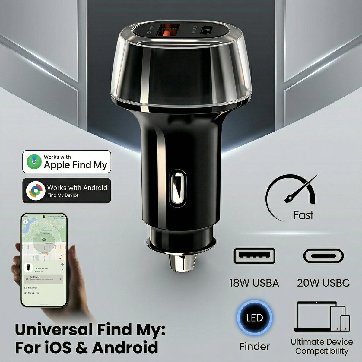 33W Car GPS Locator Tracker with USB Type-C QC3.0 Fast Charging – Works with Apple Find My App, Google & Android