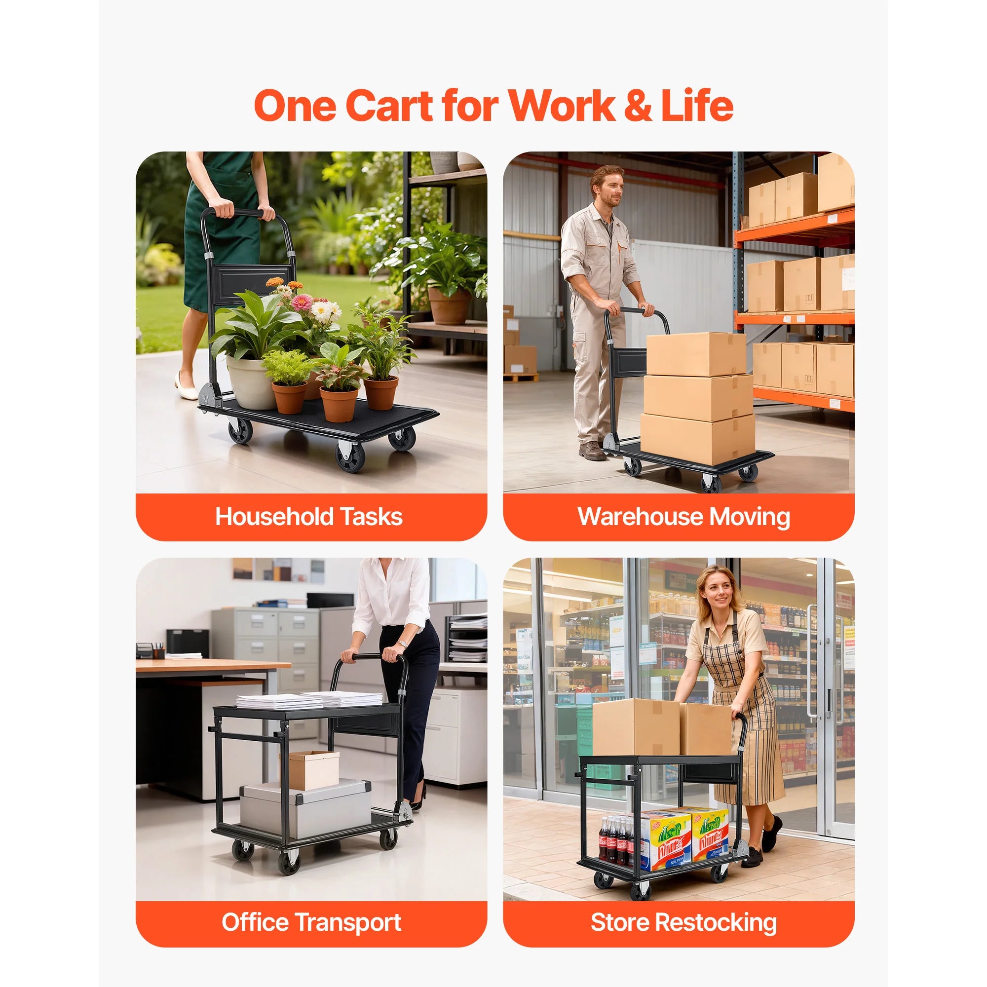 SucceBuy 700 lbs 2 Tier Foldable Heavy Push Cart Dolly Platform Hand Truck with Wheels Moving Flatbed Cart for Warehouse Garage